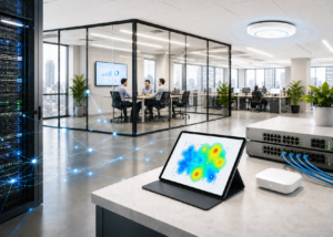 Infraestructura de red empresarial con equipos de conectividad, mapa de cobertura WiFi y entorno corporativo moderno